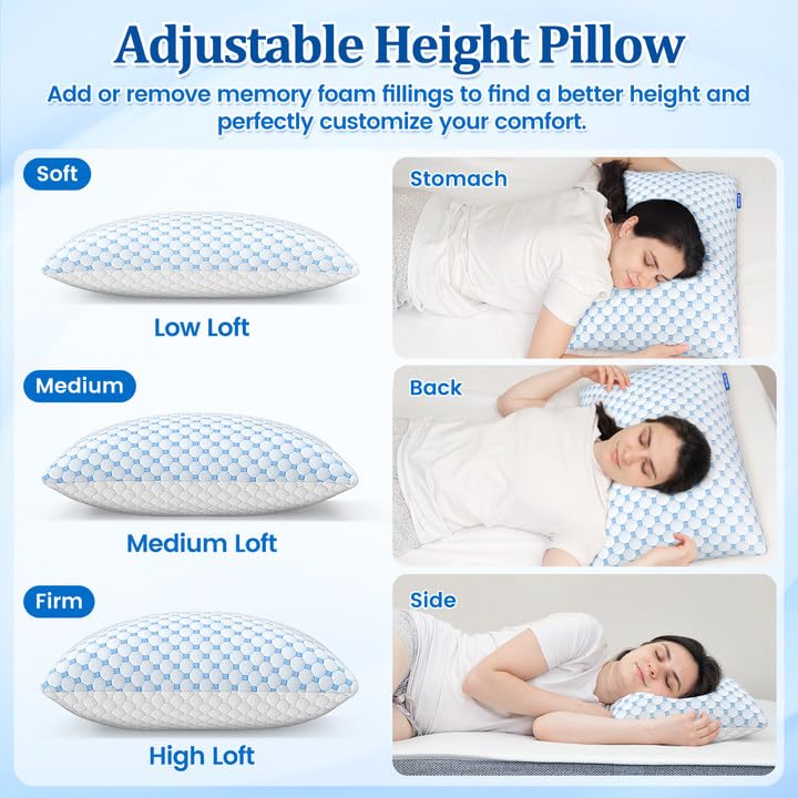 CloudBliss Shredded Memory Foam Pillow for Sleeping - Adjustable Cooling Pillow with Breathable Washable Cover, CertiPUR-US Certified, 1 Pack Queen Size for Side/Back/Stomach Sleepers - Image 4